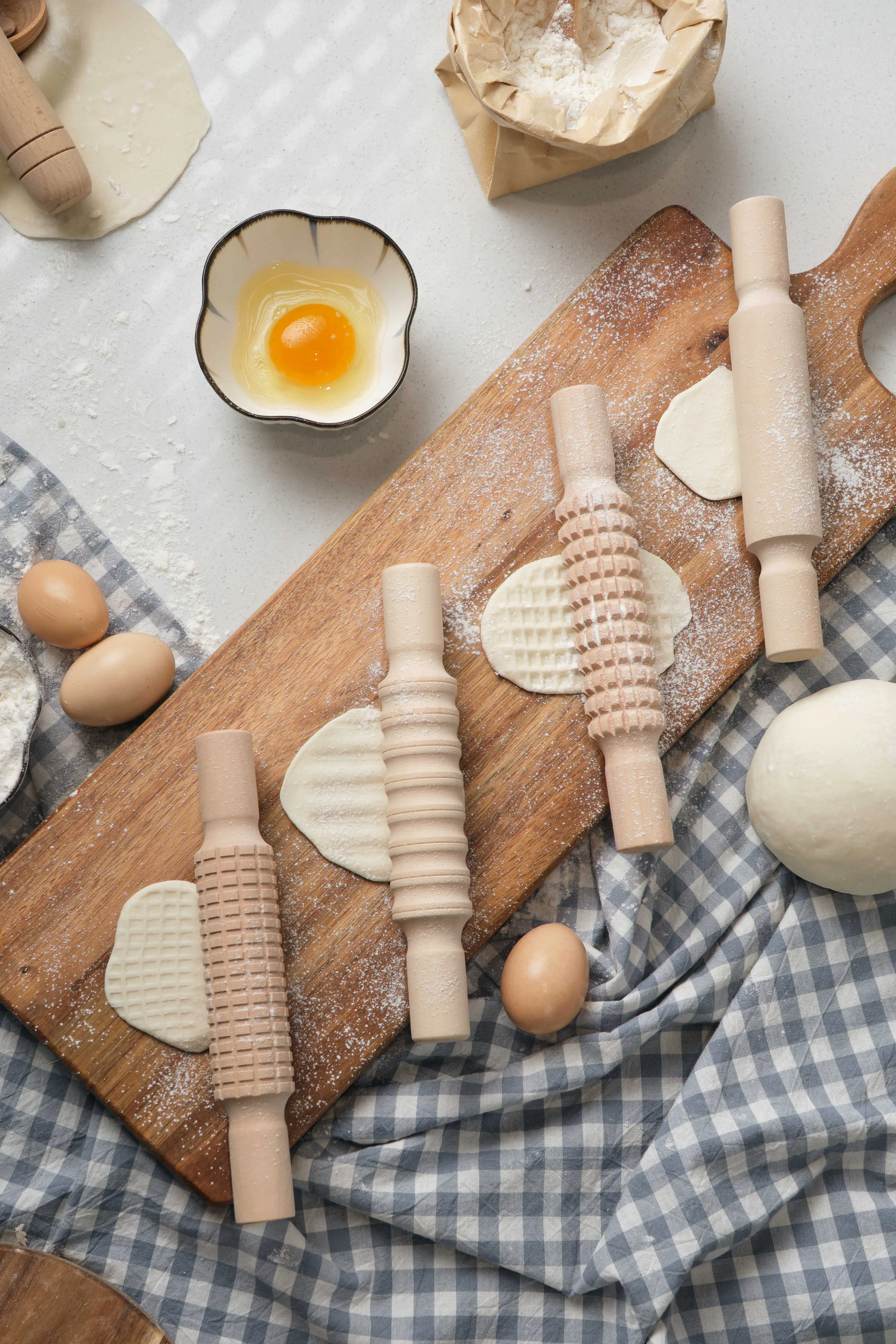 Wooden Embossed Rolling Pin Set Play Dough Roller Wood Kids Mini Playdough Rolling Pin