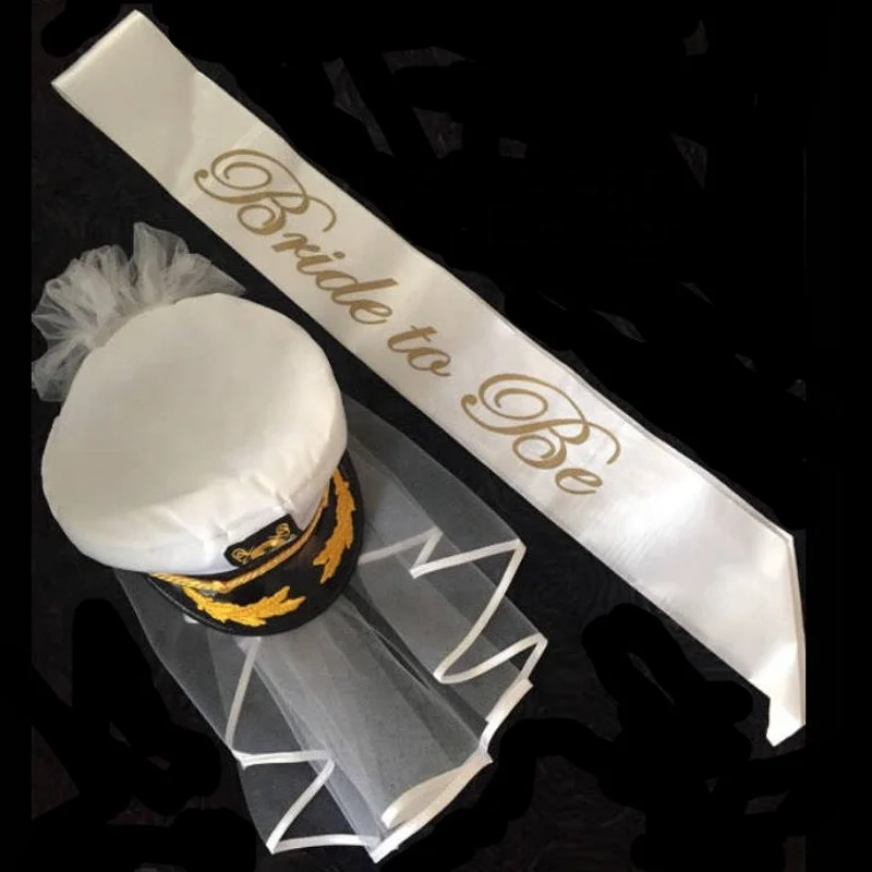 Bride To Be Navy Sailor Captain Hat With Veil  Wedding Decorations Hen Party Veil Kit Bride To Be Sash  Bridal Shower Party Set