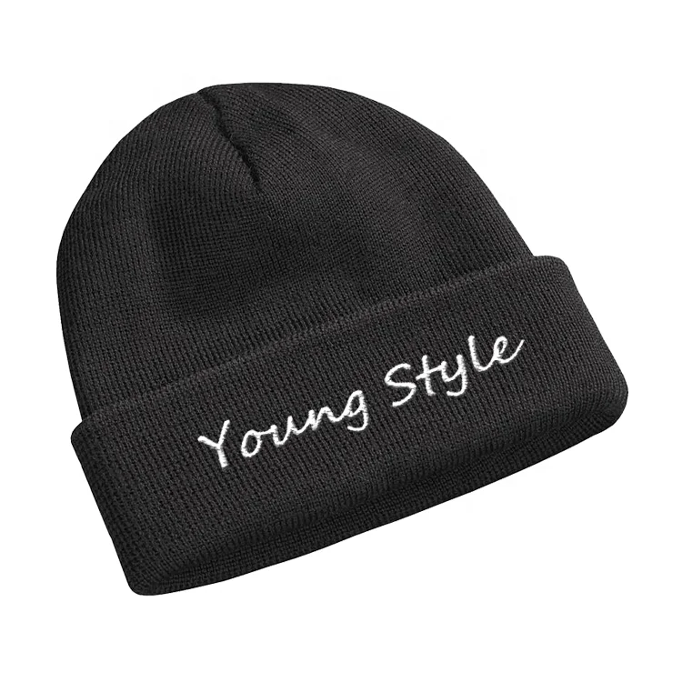Custom Unisex Long Ribbed 100% Acrylic Cuffed Knitted Beanie Hat with Embroidery