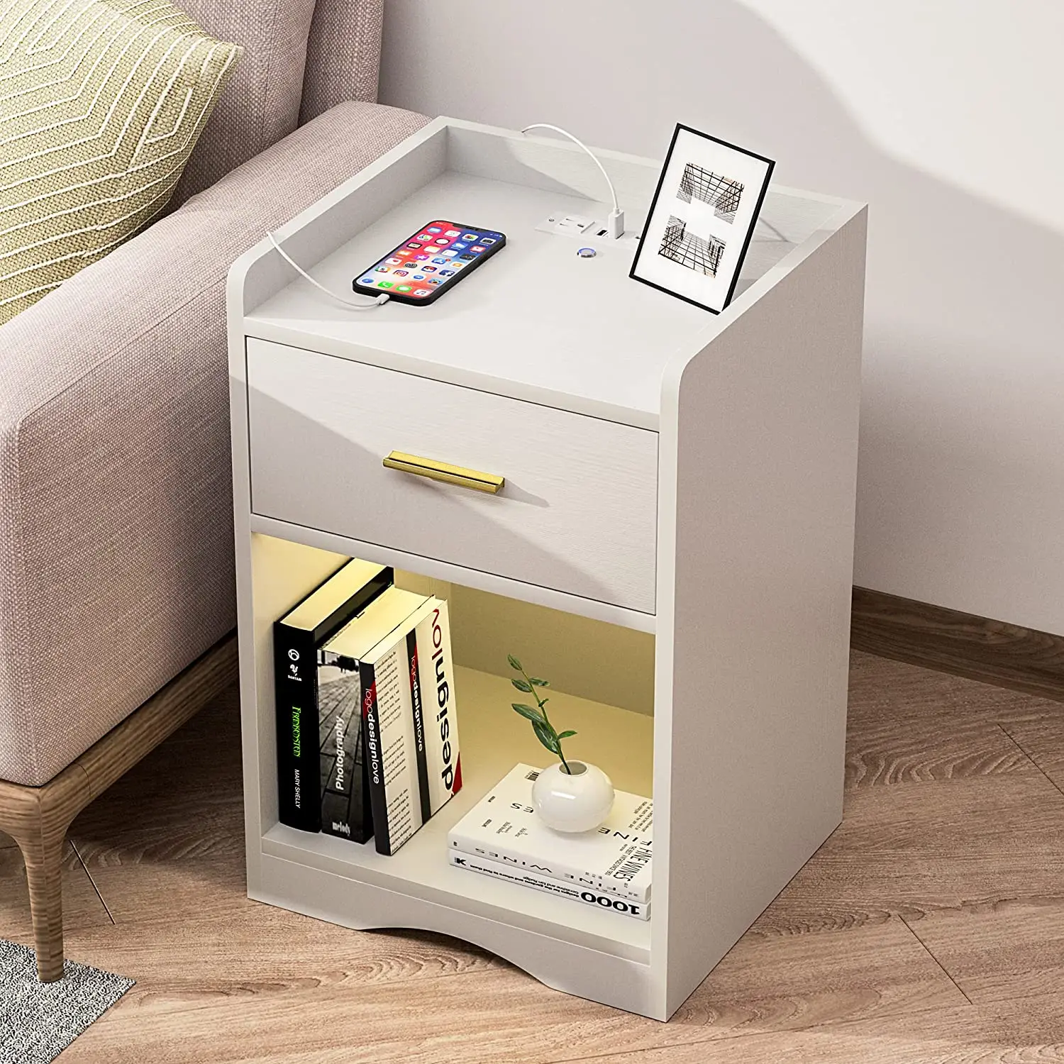 Led Nightstand with Charging Station Two Usb Ports and Outlets Bedside Table Home Furniture Package Bedroom Furniture White