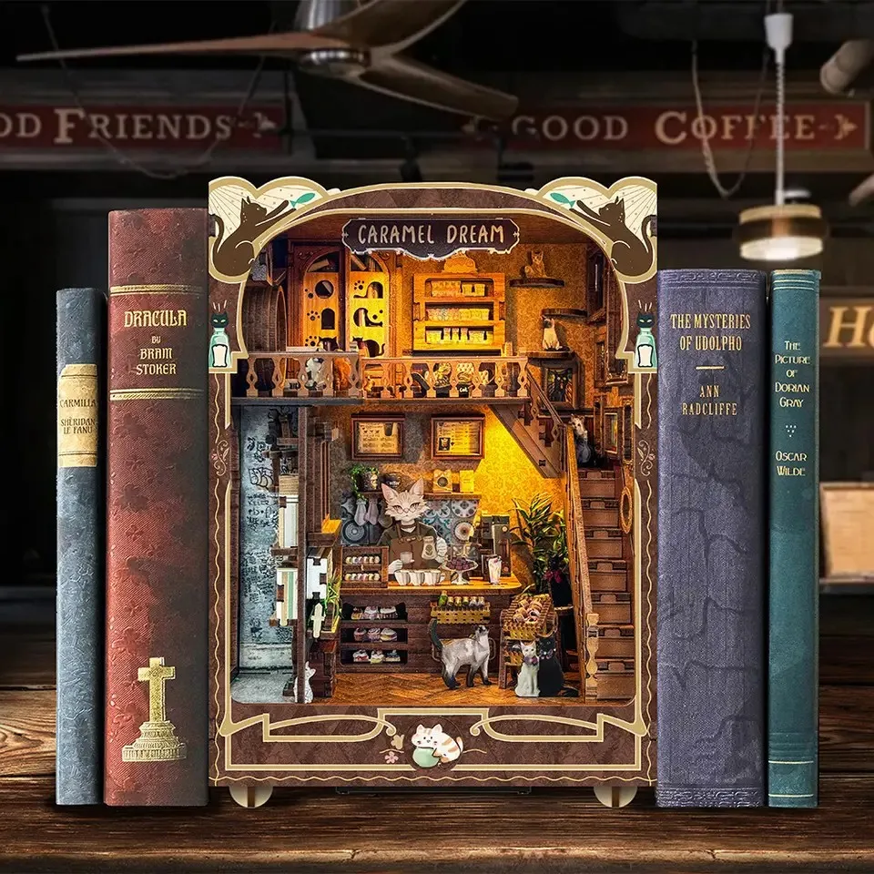 AMOBOX Caramel Dream Cottage Cat Book Nook Kit Miniature Wooden Dollhouse with Lights Bookshelf Insert 3D Puzzle Decor Model