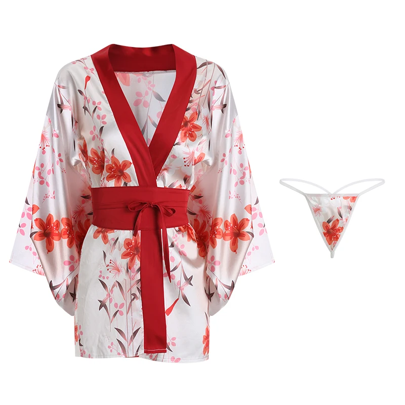 wholesale Japanese dual wear Kimono printed satin  night robe sexy women sleepwear GR1567