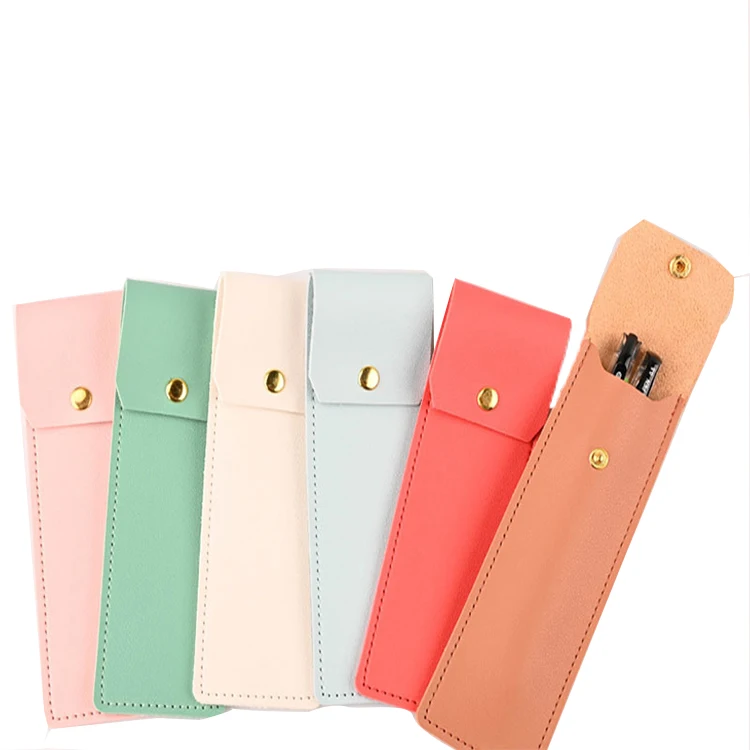 Custom Snap-button Pu leather Pen Holder Simple Pencil Pen Case Protective Sleeve Cover for Students