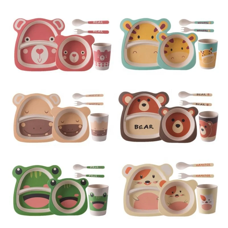 2022 New Bamboo Fiber Children Tableware Kids Plates and Bowls Biodegradable Baby Feeding Dishes 5pcs Cartoon Divided Plate Set