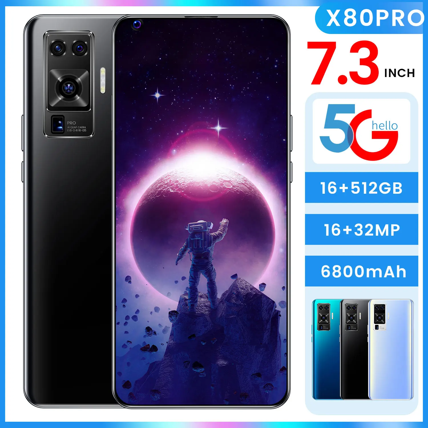 Phone X80Pro 7.3 inch Android Smartphones 16GB+512GB 10 Core 5G  Mobile Phones