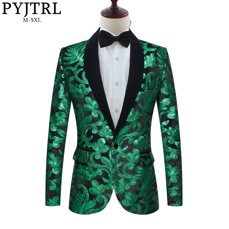 
PYJTRL Men Stylish Shawl Lapel Blazers Green Black Velvet Floral Sequins Suit Jacket Wedding Prom Stage Singers Slim Fit Costume 