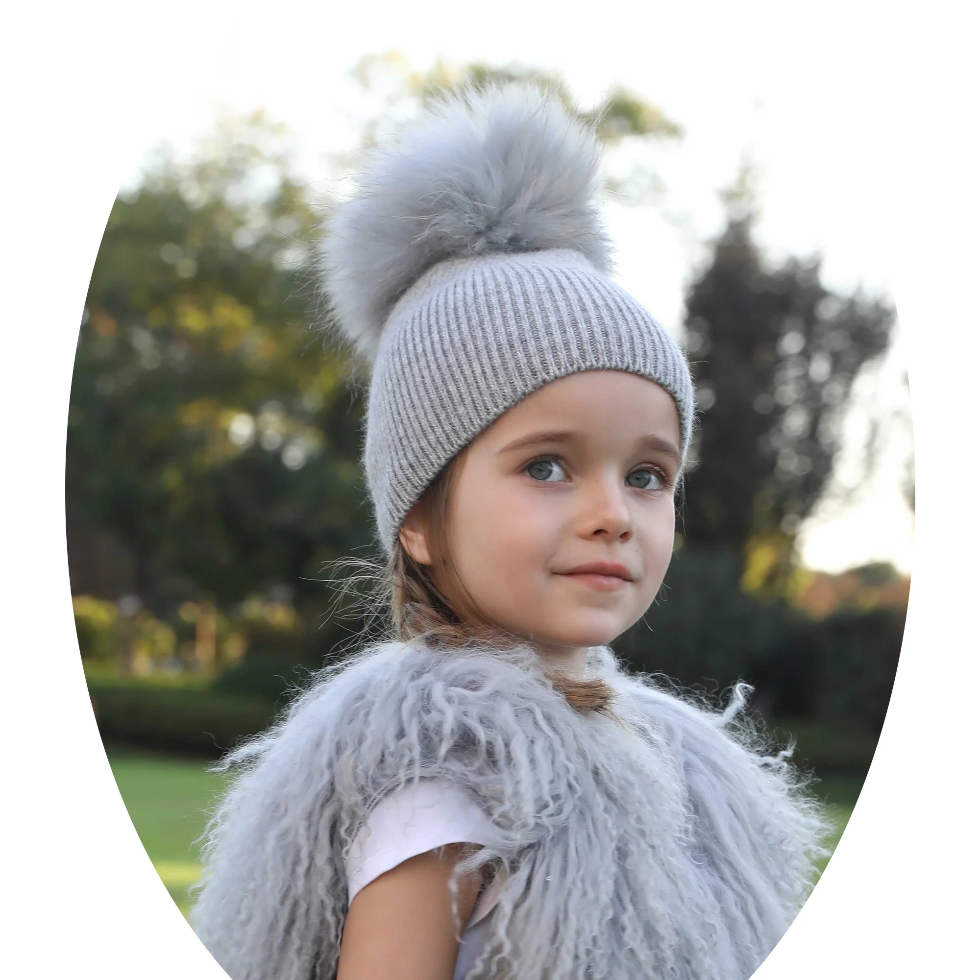 Janefur Custom Girls Boys Warm Real Raccoon Fur Ball Knitted Angora Hat Winter Cute Grey Pink Fur Ball Beanies Hat