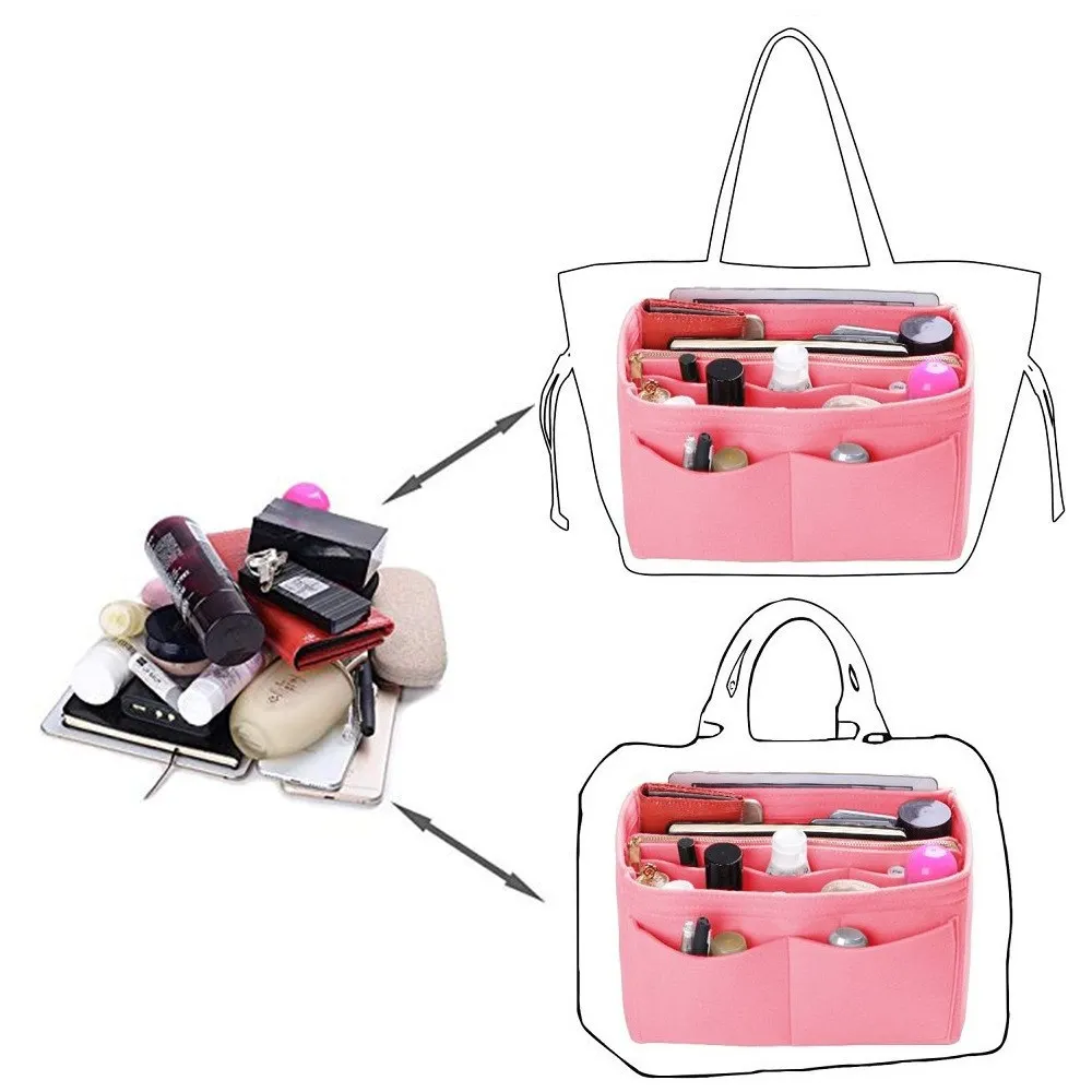 Multi-pockets Purse Organizer Insert Widely Application Felt Bag Organizer with Metal Zipper Handbag & Tote Shaper For Handbag