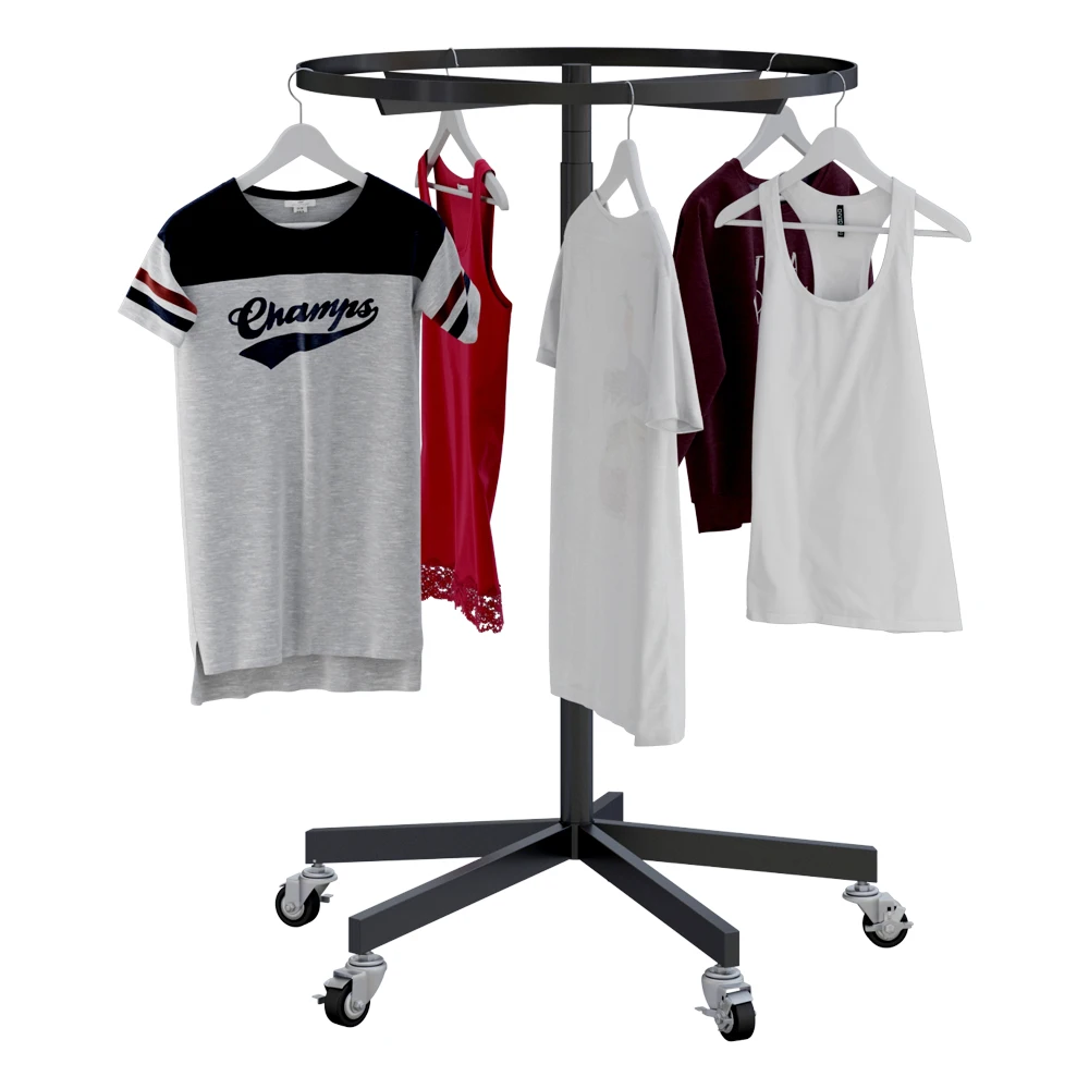 Yiree Retail mall clothes chain store round metal shelves rotating 360 wheel clothing shop display for hanging