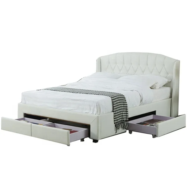 Solid and Comfortable Bed Base white color winged buttons headboard velvet fabric upholstered  bed  with 4 storage Drawers