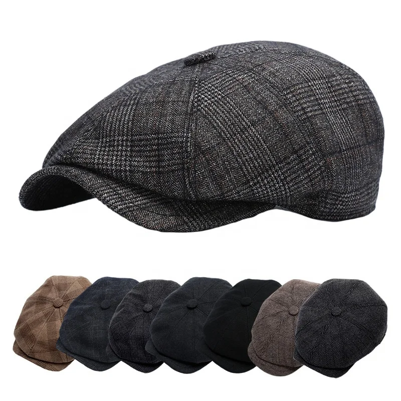 Wholesale Vintage Tweed Peaky Blinders Flat Cap Hat 8 Panel Newsboy Beret Ivy Hats For Men