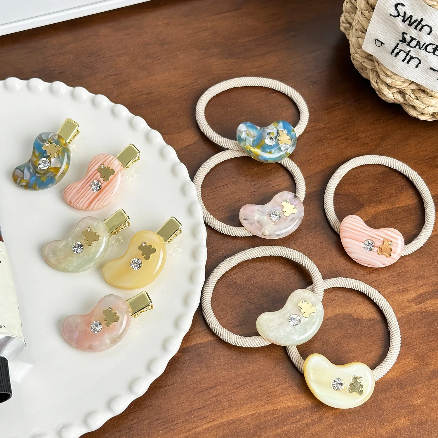 Acetate Duckbill Clip Golden Bear Diamond Hair Ties Rubber Band No Damage