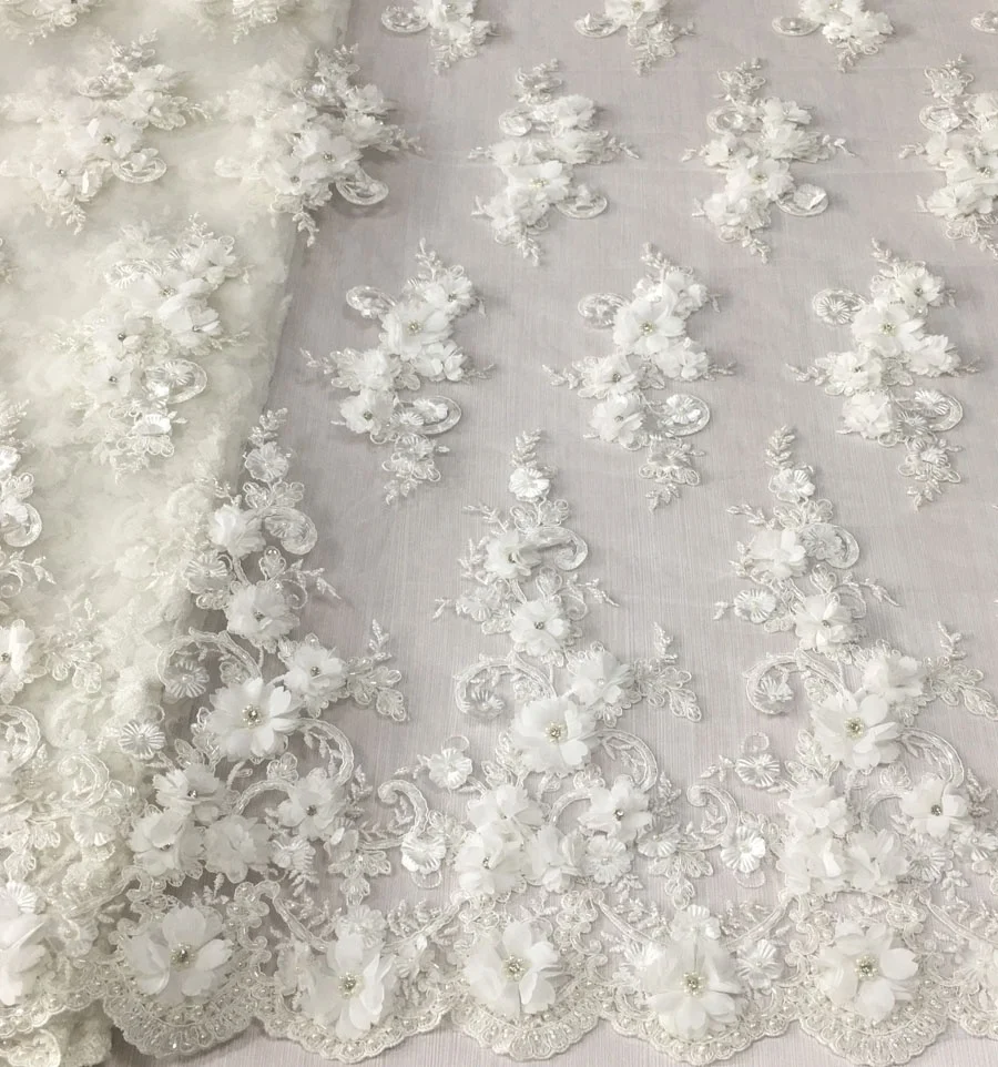top quality bridal 3d flower lace embroidered tulle fabric with hand beaded rhinestones embroidery lace fabric for wedding