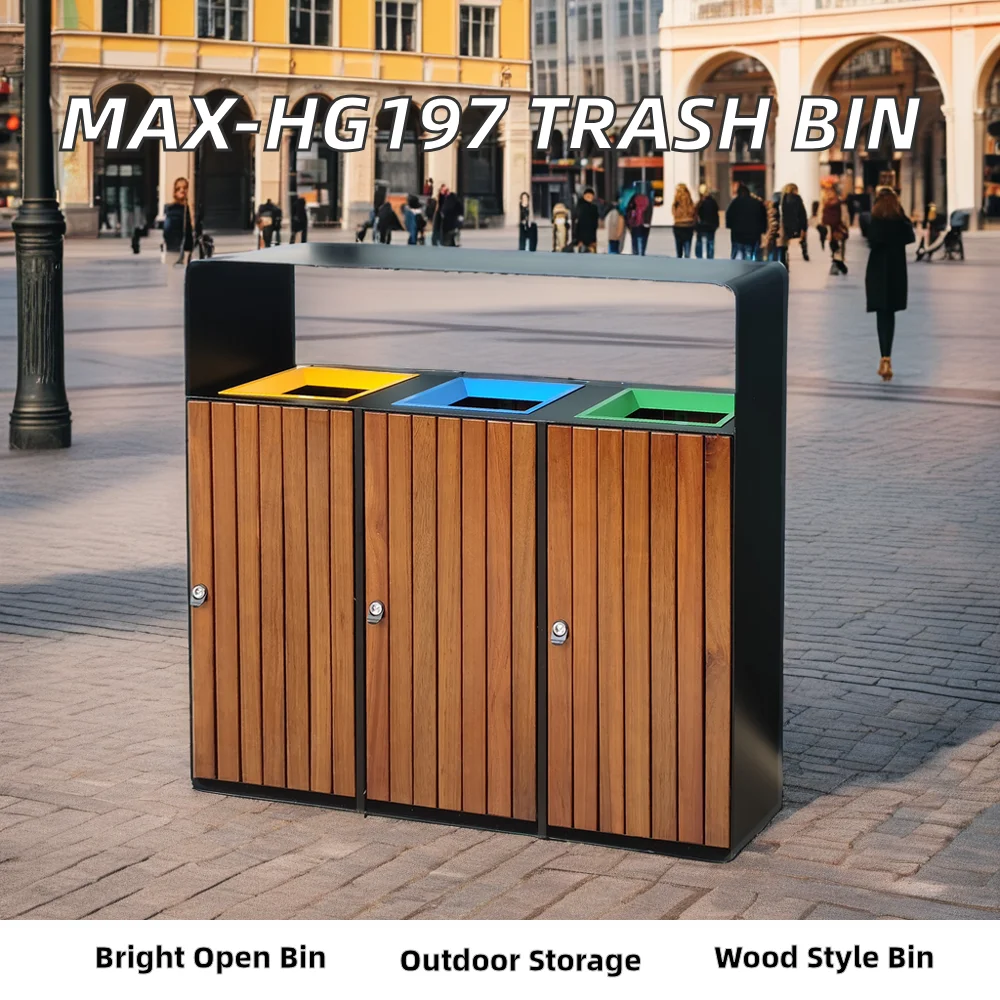 Commercial Outdoor Trash Can Bin 60L Rectangular Wood Nature Lid Plastic Stainless Colorful Open Mouth Design Storage