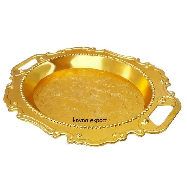 Handmade luxury golden finished metal decorative round tray for sale