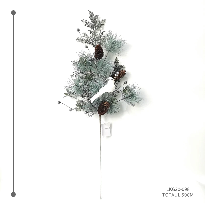 Christmas plastic blue glitter pine needle pick long stem with artificial white feather bird Christmas picks