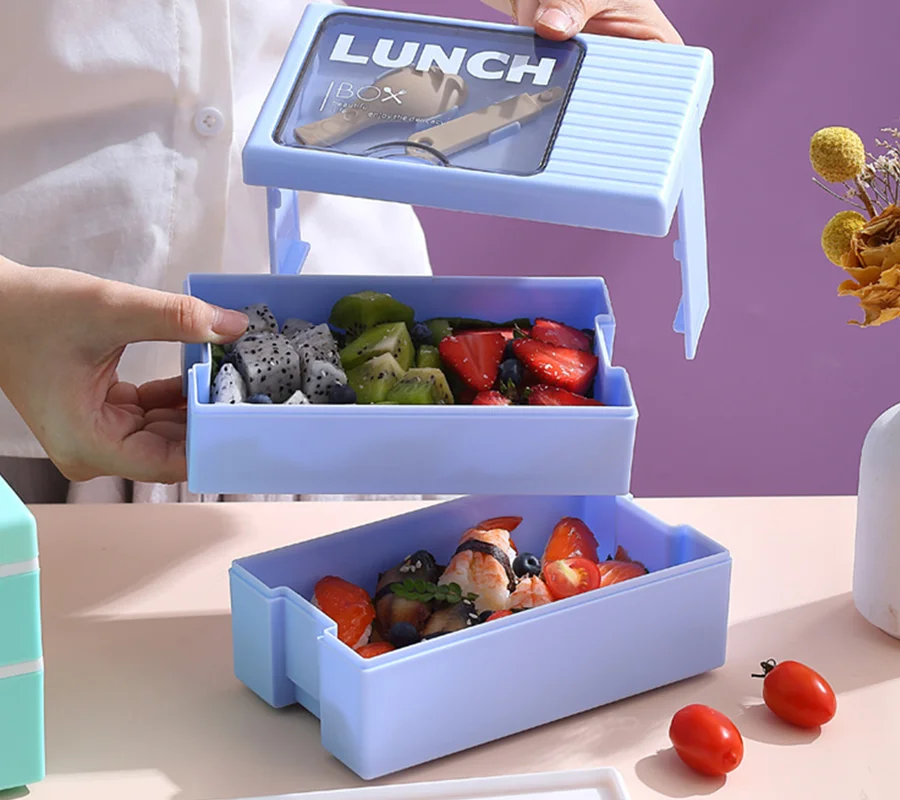 1.2L Stackable Plastic Lunch Box with Side Lock Lid and Spoon, Dual Tiers Double Layers Bento Container