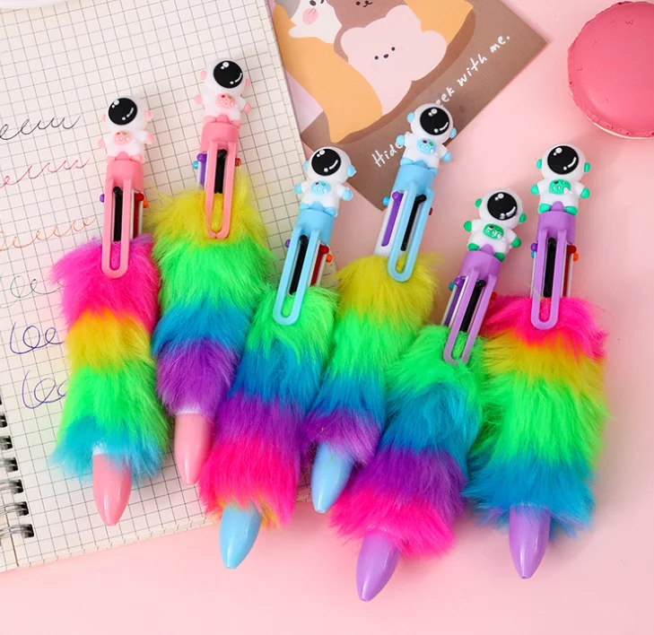 Cheap Promotional Office Business Marketing Gifts Plastic Rainbow 6 colors Ballpoint Pens Plush Style Stationery