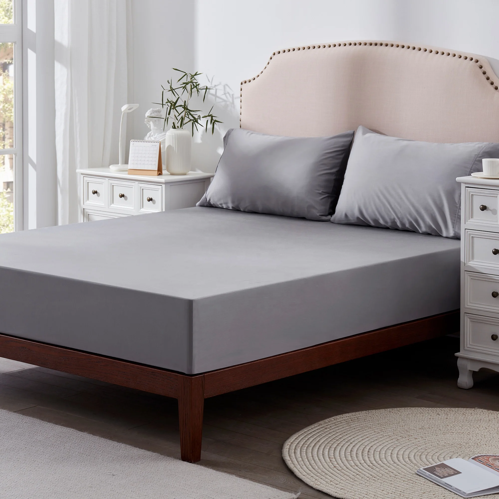 Hotel Bed Sheet Set Bamboo 100% Queen Size Sheet & Pillowcase Set Cooling 4 Piece Bedding Sets