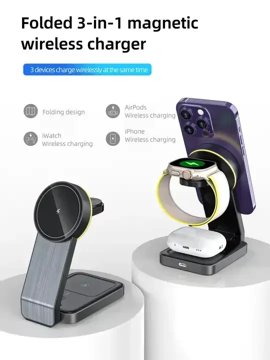 3 In 1 Foldable Magnetic Wireless Charger For Airpods iWatch Iphone 15 pro 14pro max 12 Phones