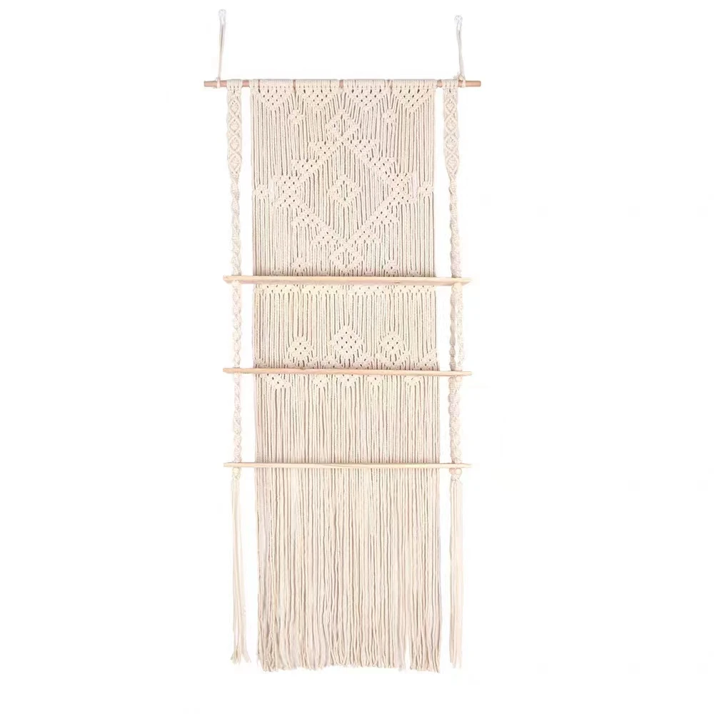 Handmade Woven Rope Macrame Wall Hanging Shelf 3 Tier Boho Shelves Organizer Hanger for Kitchen