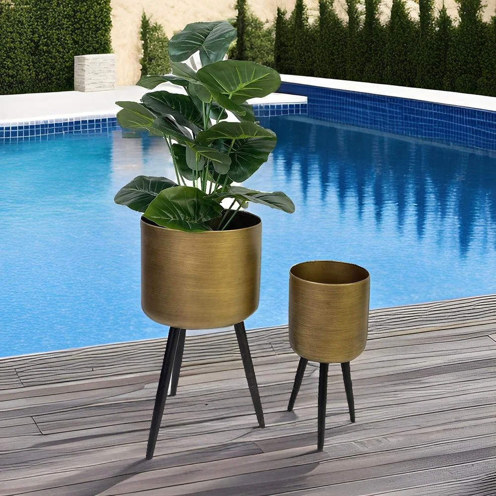 Lander Set of 2 Vintage Metal Plant Stands with Large Floor Pots Indoor Outdoor Decorative Planters