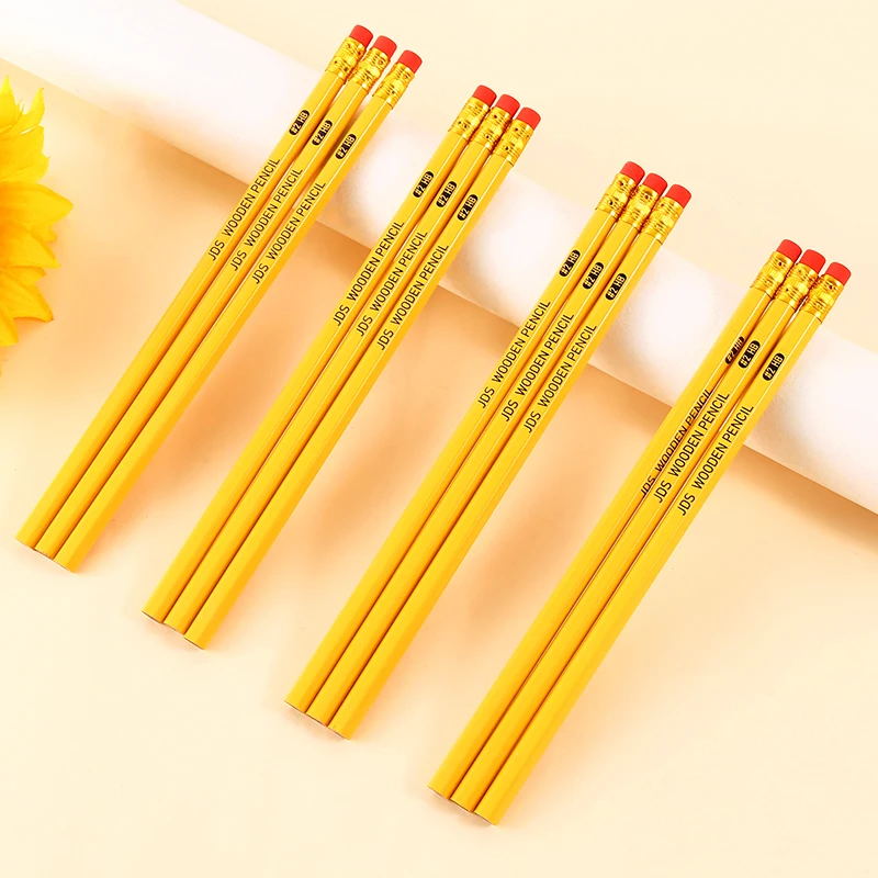 DASHENG 12pcs Yellow HB Pencil with Topper Eraser Hexagonal Standard Wooden Promotional Pencil for School Office and Children