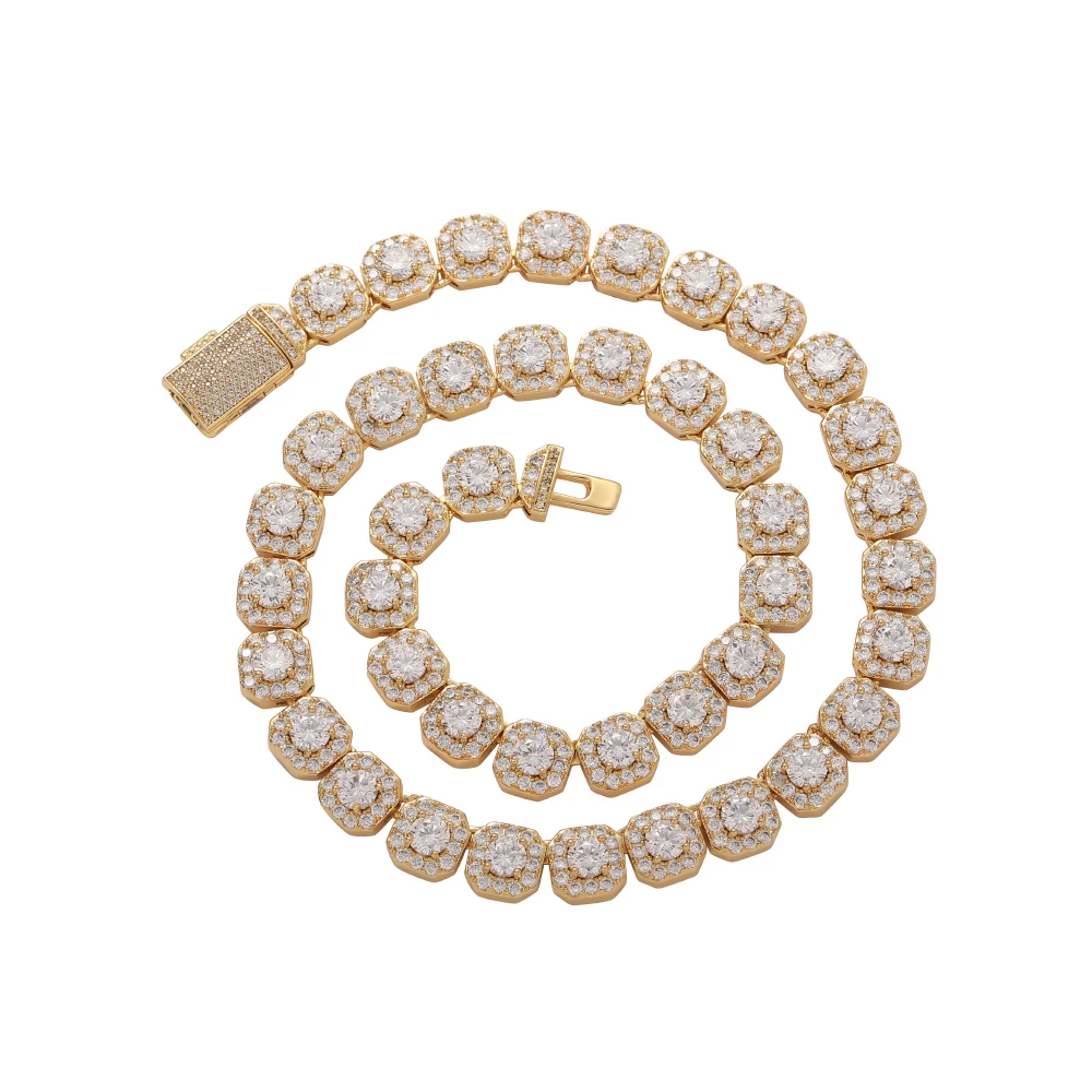 BC036 10mm Brass Setting Zircon Cuban Link Chain Necklace Gold Plated Hip Hop Bling Jewelry Gift Pearl Main Stone Iced CZ Chain