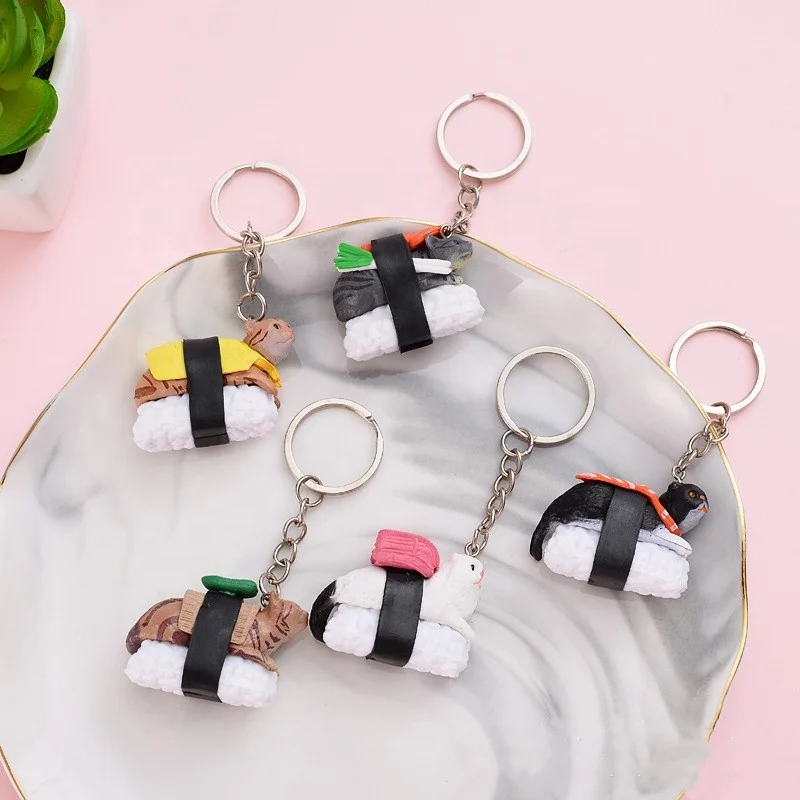 
Hot Selling New Personality Funny Creative Cat Sushi Resin Metal Keychain 