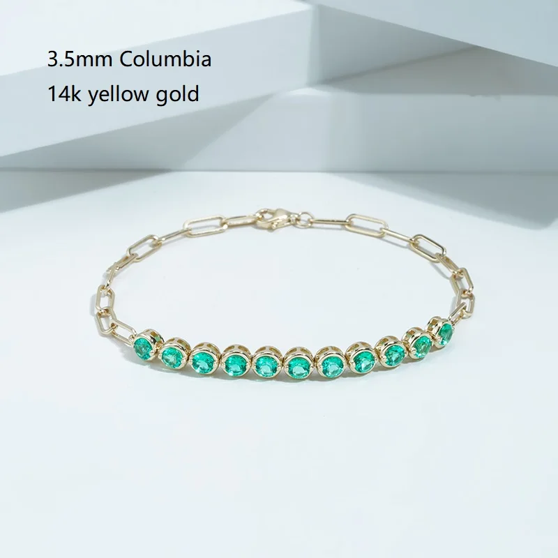 14k Solid Gold Wholesale  Round Shape Lab Grown Gemstone Luxury Engagement Jewelry Emerald Ruby Alexandrite Bracelet