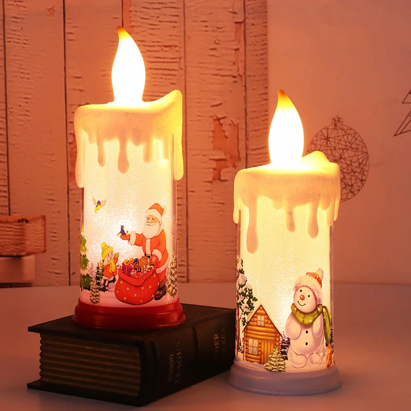 Christmas Flameless Candles LED Flickering Battery Pillar Candles Santa Snowman Decals Festival Winter Party Decoration