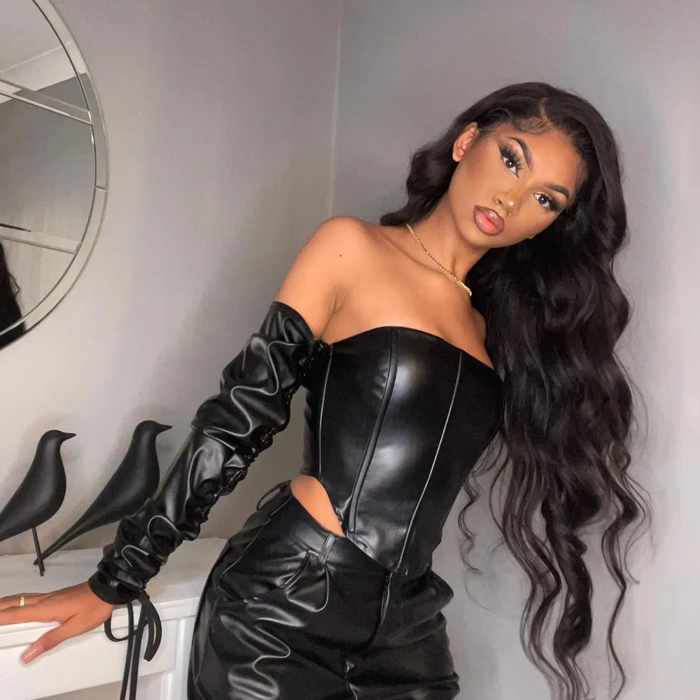 
Black Off-Shoulder Ruched Long Sleeve Waist Trainer Shapers Sexy PU Leather Corset Tank Top Corsets And Bustiers Women -XB 