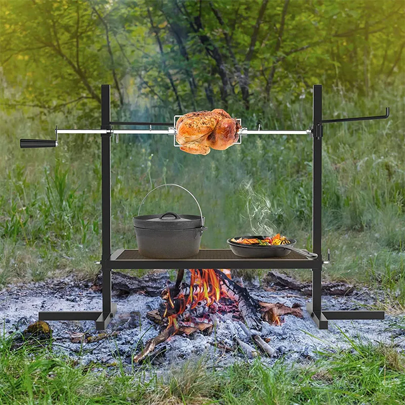 Adjustable Grill Rotisserie System and Spit Over Fire Camp Grill with Cooking Grate Outdoor Open Flame Cooking