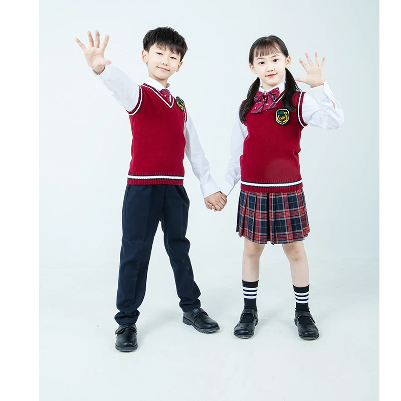 OEM  Beautiful Girls High School Uniform Custom Korean Dress Plaid Skirts Pants Sweater Suit Kids Uniform