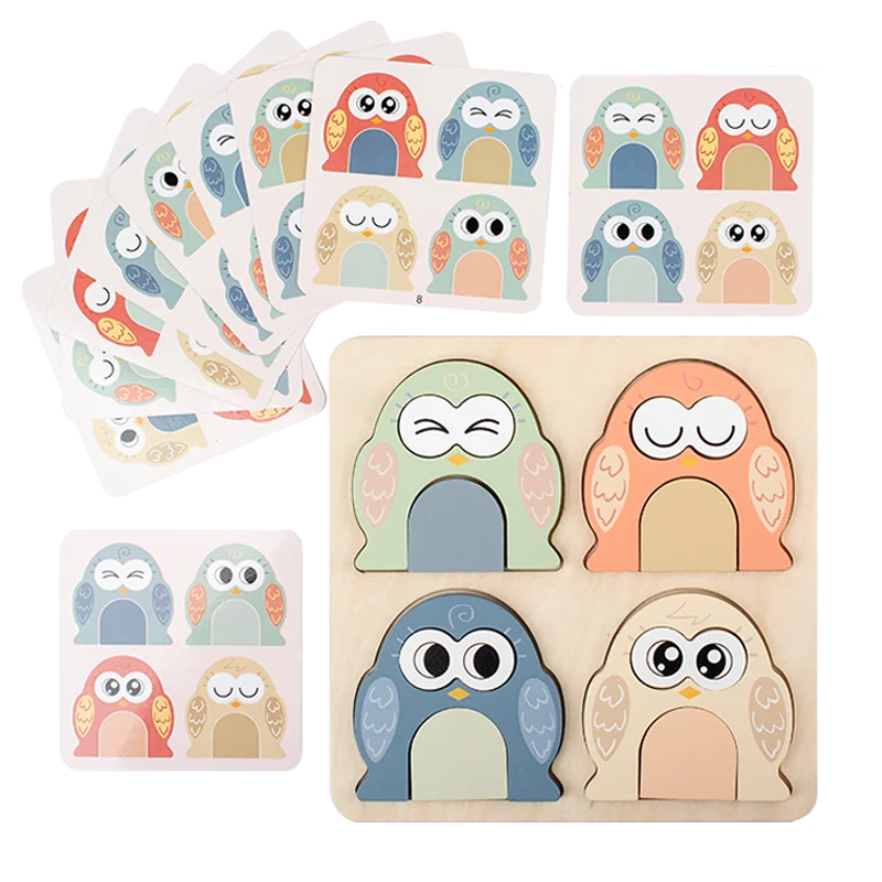 Family Educational Game Owl change face  Pattern Block Match Puzzles Wooden Matching Game Puzzle with Cards