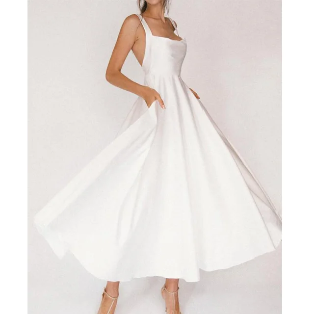 Ladies Sexy Satin Square Neckline Backless Halter Club Sexy Women Wedding Dress