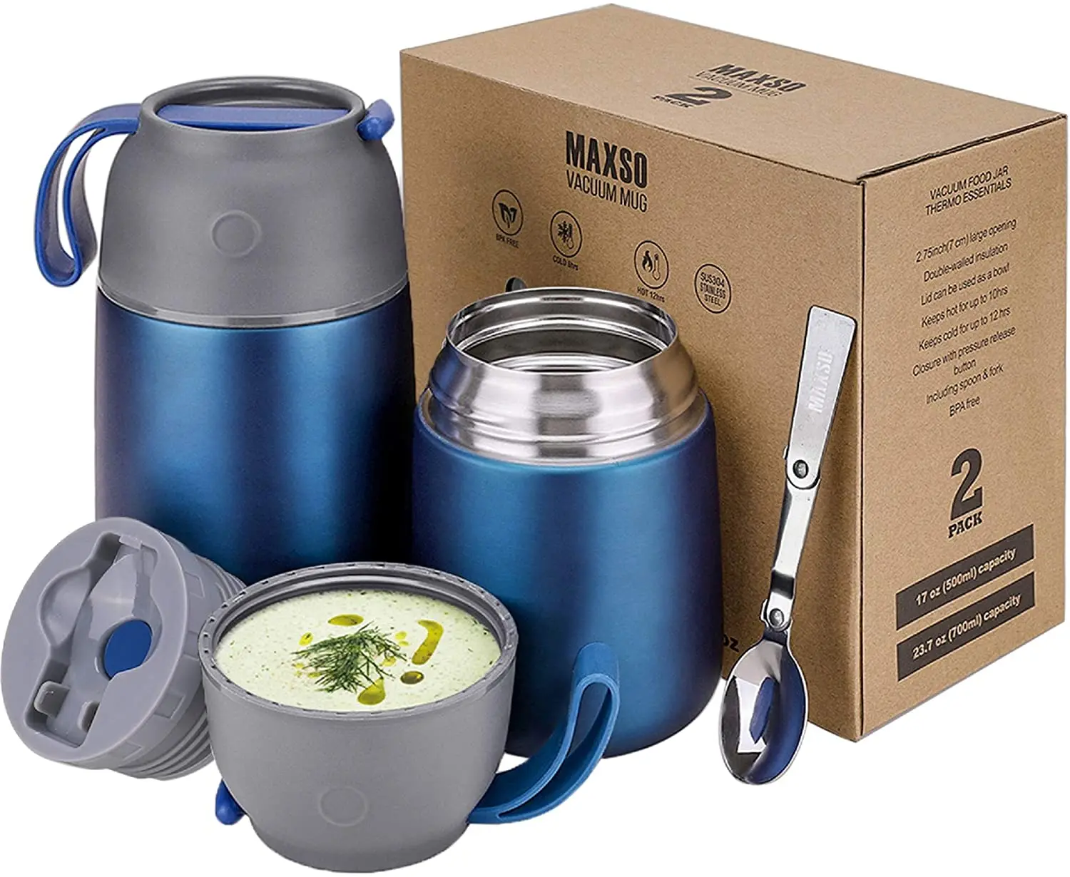 18/8 stainless steel 2 Pack Vacuum Insulated Food Jar Hot Food Containers for Lunch School Soup Thermos For Kids(17OZand24OZ)