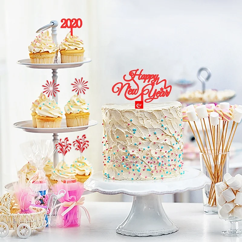 
TX 2020 New Arrivals Happy New Year acrylic, DIY Red Fireworks Welcome To 2020 Acrylic Cake Topper Sets For Dessert Decoration 