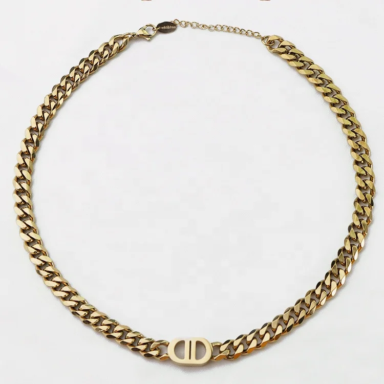 Titanium steel Cuban Chain Double D necklace stainless steel Punk metal 18K gold choker necklace