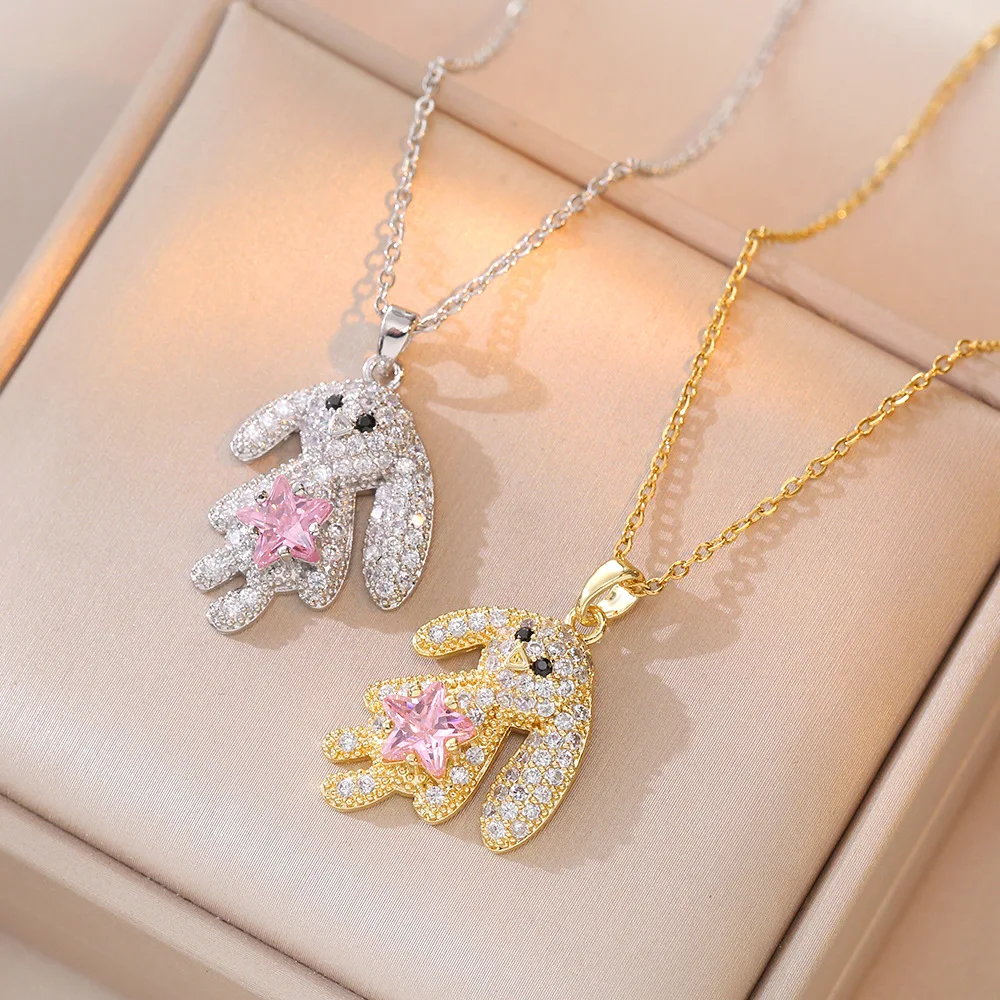 Lovely Stainless Steel Chain Full Diamond Little Bear Pendant Necklace Gold Plating Micro Paved Cubic Zircon Rabbit Necklace