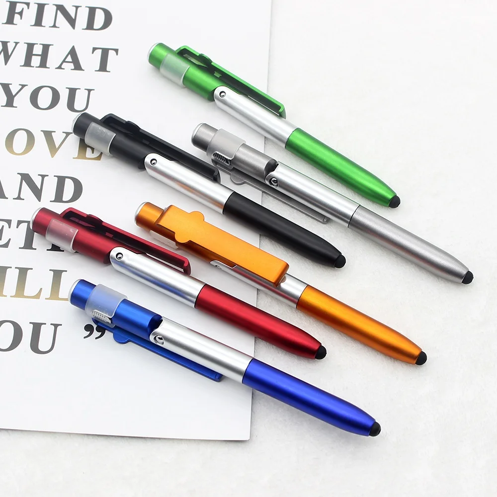 hot selling 4in1 promotional gift multifunctional stylus phone holder LED light plastic pen with stand