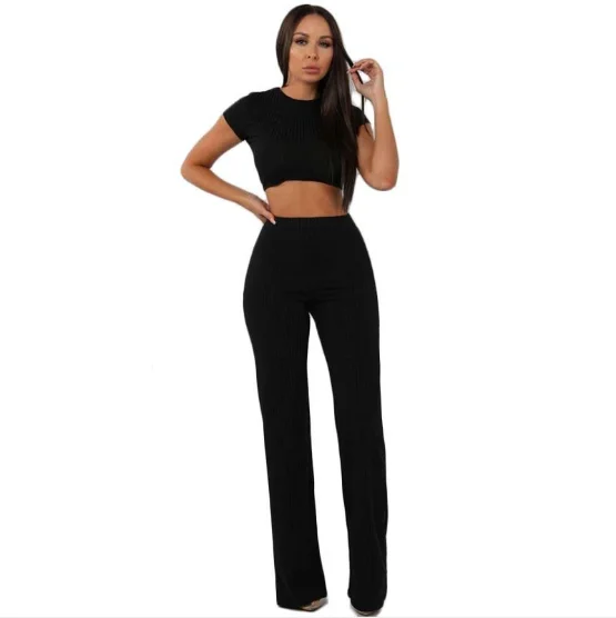 
Short Sleeve Two Pieces Set Round Neck Tops High Waist Wide Legs Long Pants women jumpsuits and rompers 