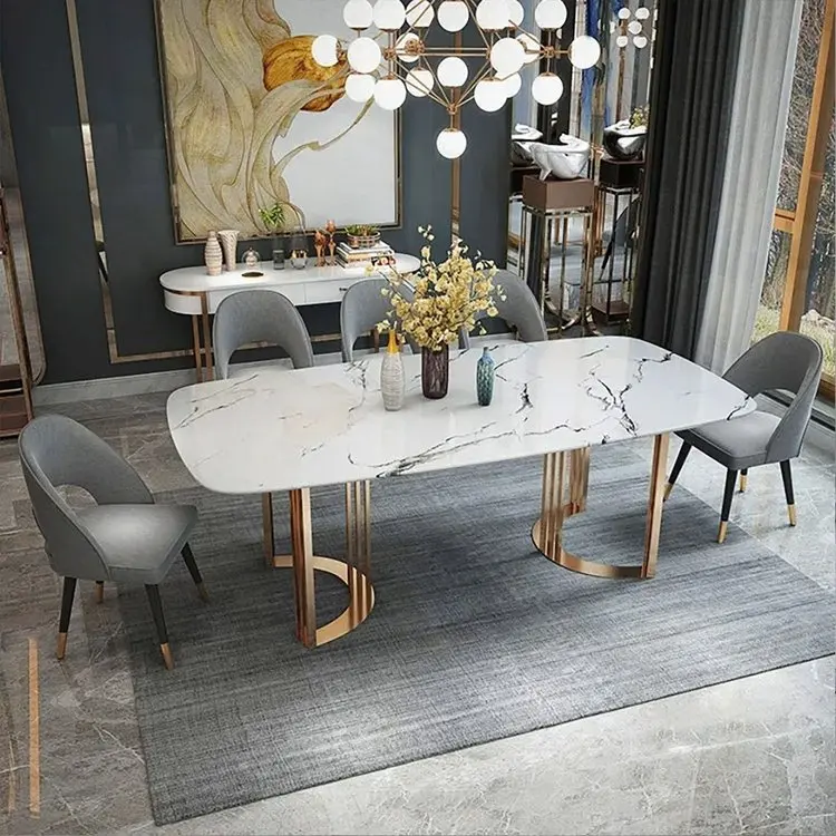 Wholesale Modern Luxury Dining table set Rectangular Top Stainless Steel Base Marble Dining Table
