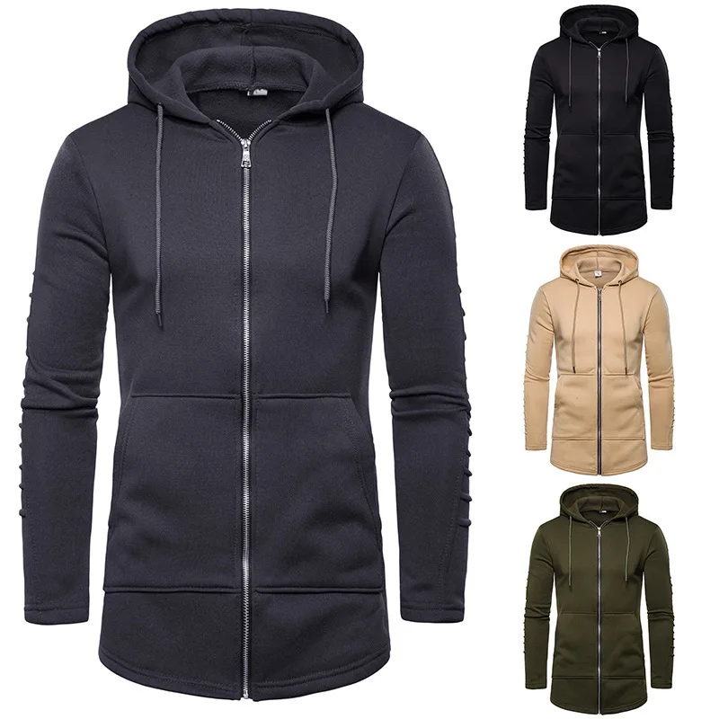 2021 Latest Mens Long Zip Cardigan Solid New Design Wrinkle Hooded Jackets