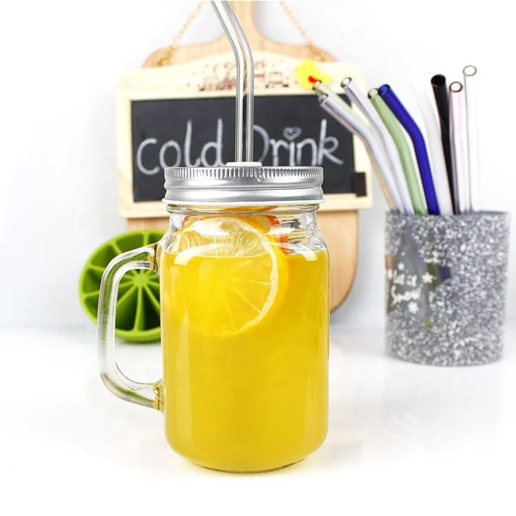 Hot selling  glass mason jar with handle tin lid and straw for juice drinking 450ml