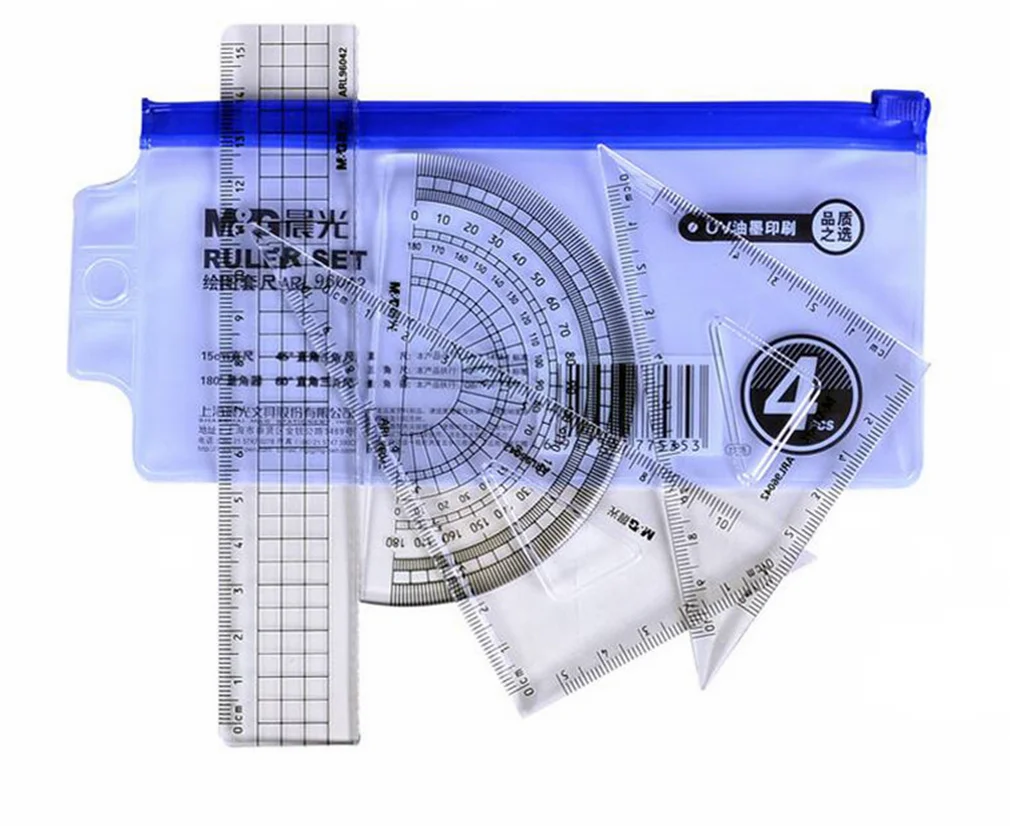 Transparent Math Geometry Tool Instrument 4 Pcs Plastic Ruler Set for Student