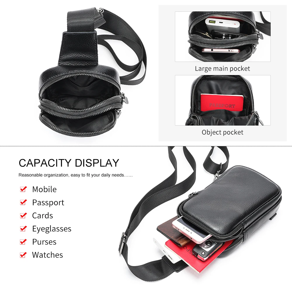 MARRANT Men Chest Sling Bag Leather Waterproof Crossbody Bag One Shoulder Daypack Genuine Leather Chest Bag for Men