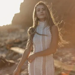 D5054 Ins & Tiktok Hot Sales Custom High Neck See-Through White Bodycon Cut Out Dress Women Summer Dresses