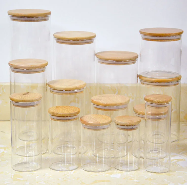 Borosilicate Bamboo Lid Glass Storage Jars Set Glass Sugar Coffee Tea Canister With Bamboo Lid For Kitchen