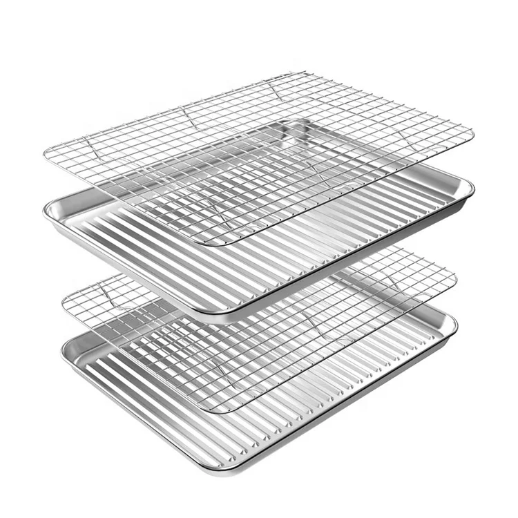 Factory Direct Nonstick Baking Pan Warp Resistant Stainless Steel Cookie Sheet Baking Sheet Tray With Cooling Rack Set